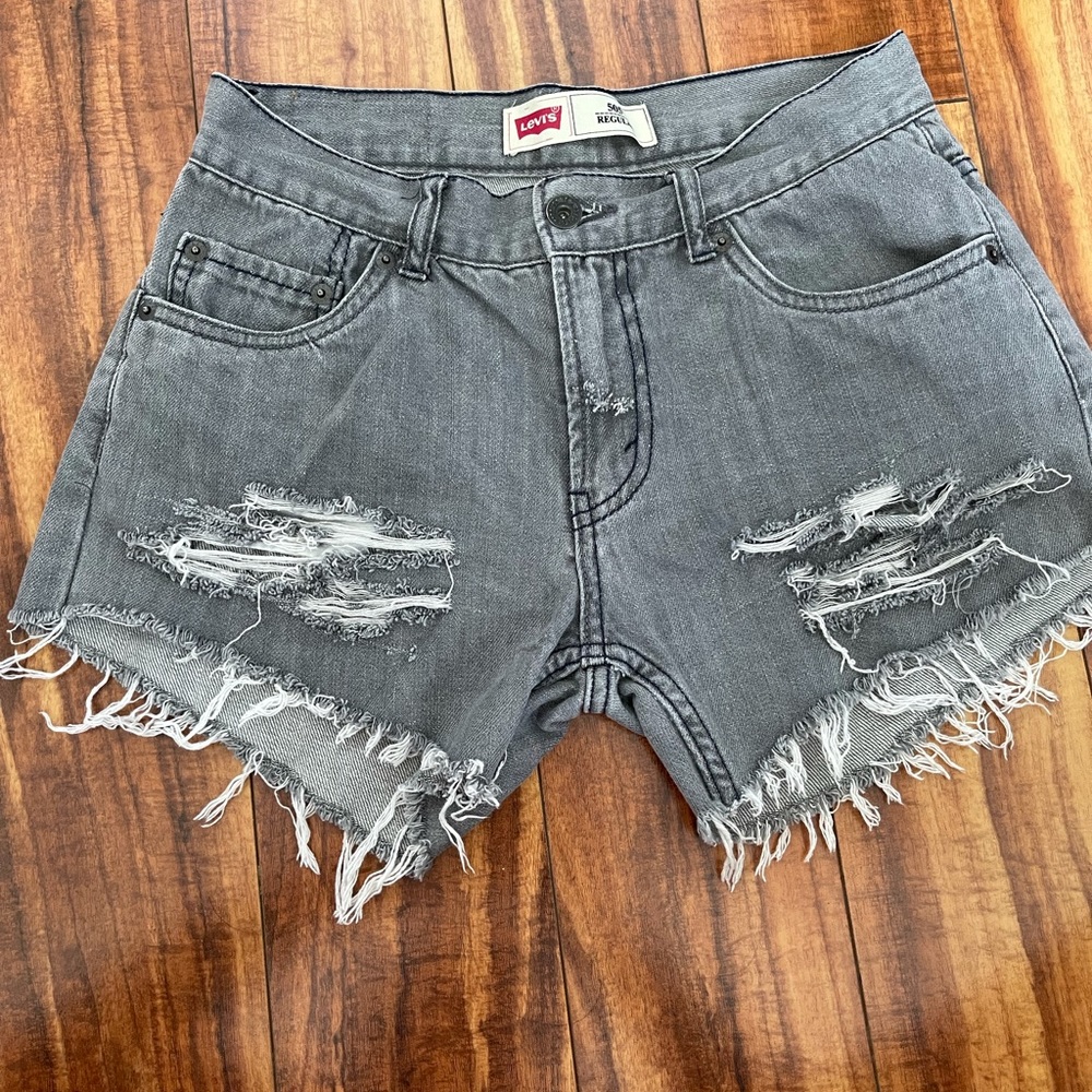 Levi washed black ripped denim shorts